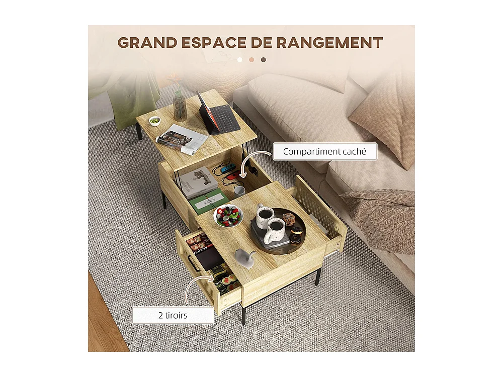 Table basse avec plateau relevable table de salon avec 2 grands tiroirs cadre en acier 106 x 56,3 x 48 cm naturel