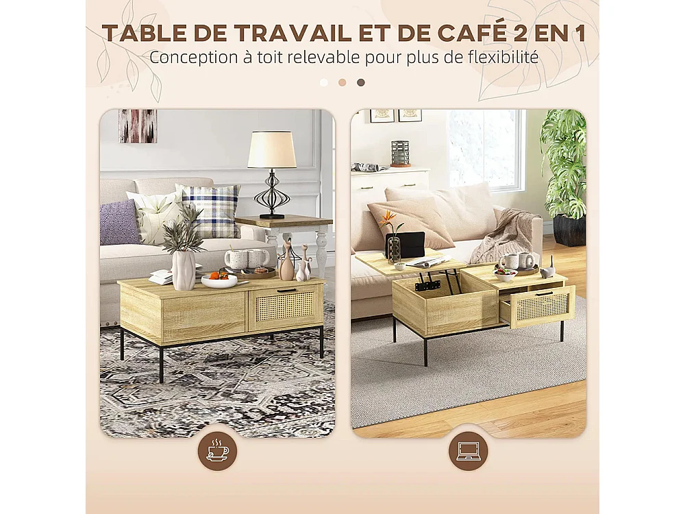 Table basse avec plateau relevable table de salon avec 2 grands tiroirs cadre en acier 106 x 56,3 x 48 cm naturel