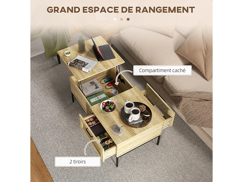 Table basse avec plateau relevable table de salon avec 2 grands tiroirs cadre en acier 106 x 56,3 x 48 cm naturel
