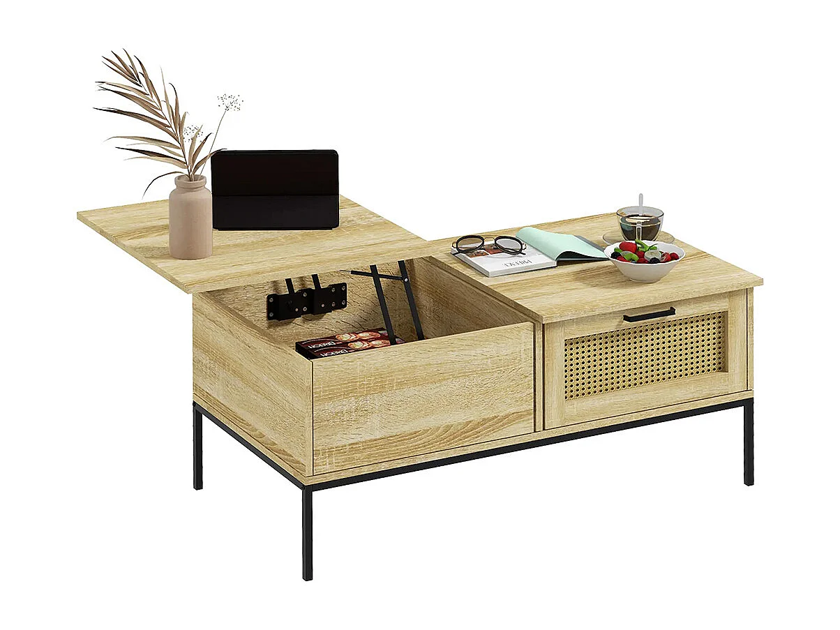 Table basse avec plateau relevable table de salon avec 2 grands tiroirs cadre en acier 106 x 56,3 x 48 cm naturel