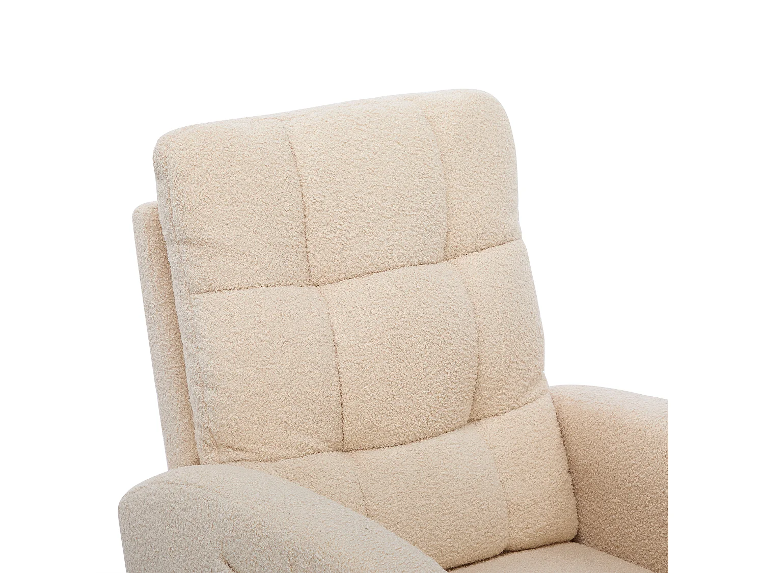 Sedia a dondolo in velluto beige Teddy con tasche laterali e poggiapiedi nascosti, struttura in legno