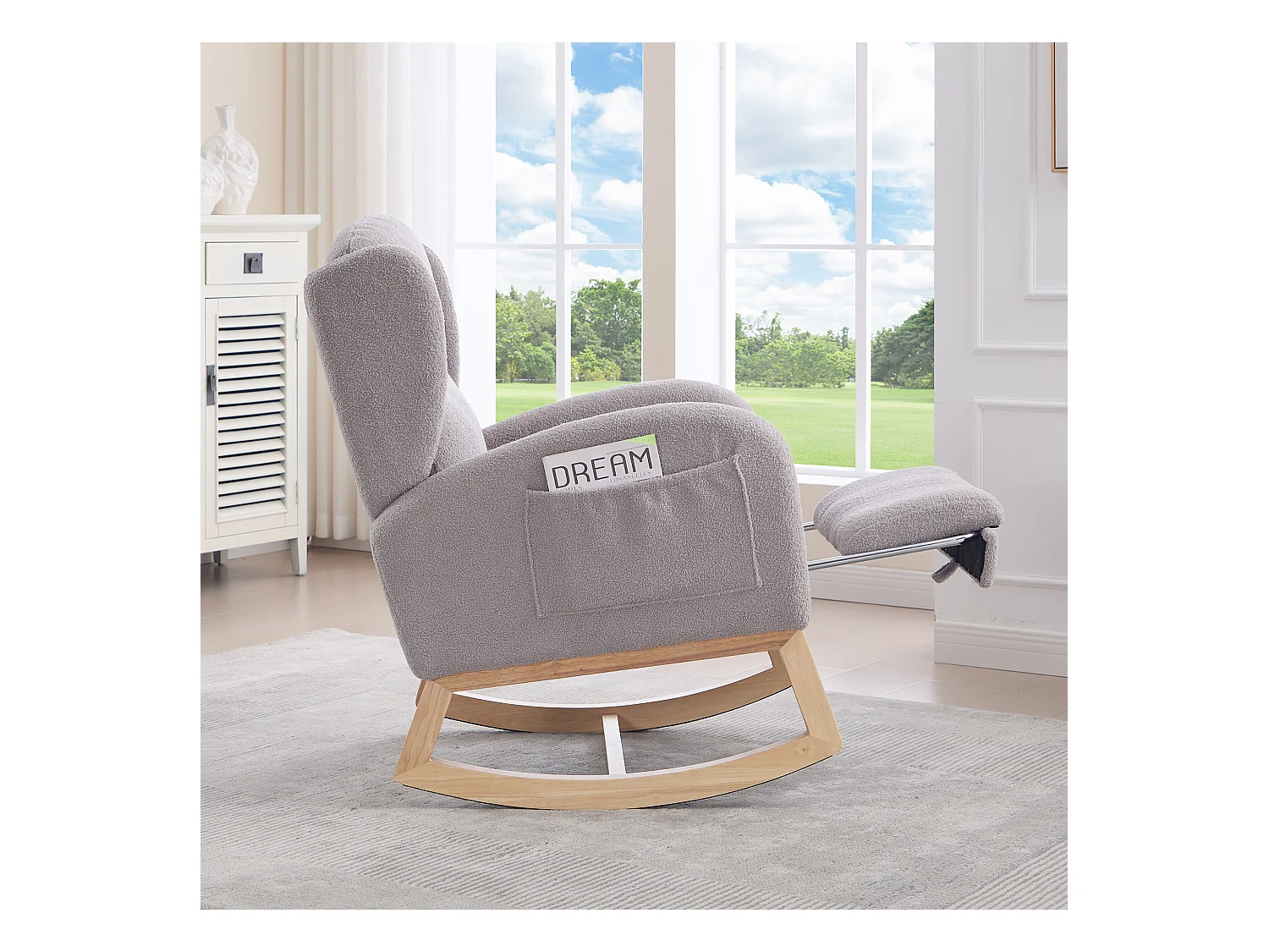 Grijze schommelstoel met zijvakken, verstelbare voetensteun, houten frame 122,5x70x104cm