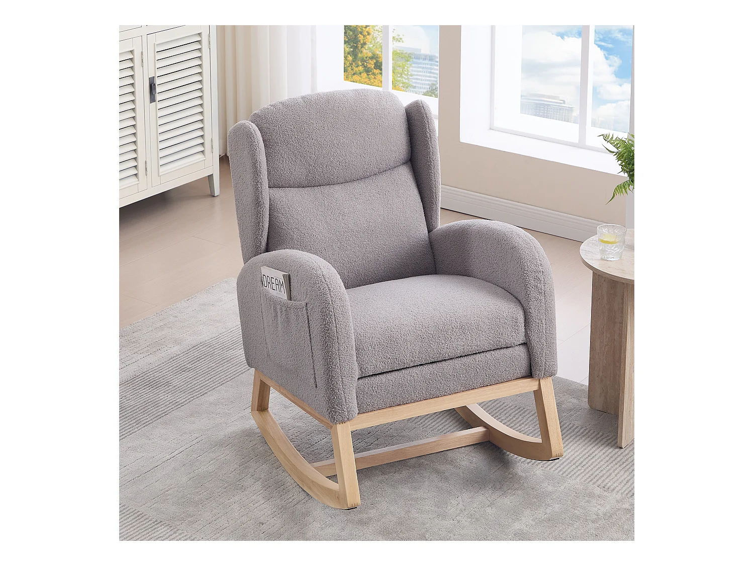 Grijze schommelstoel met zijvakken, verstelbare voetensteun, houten frame 122,5x70x104cm