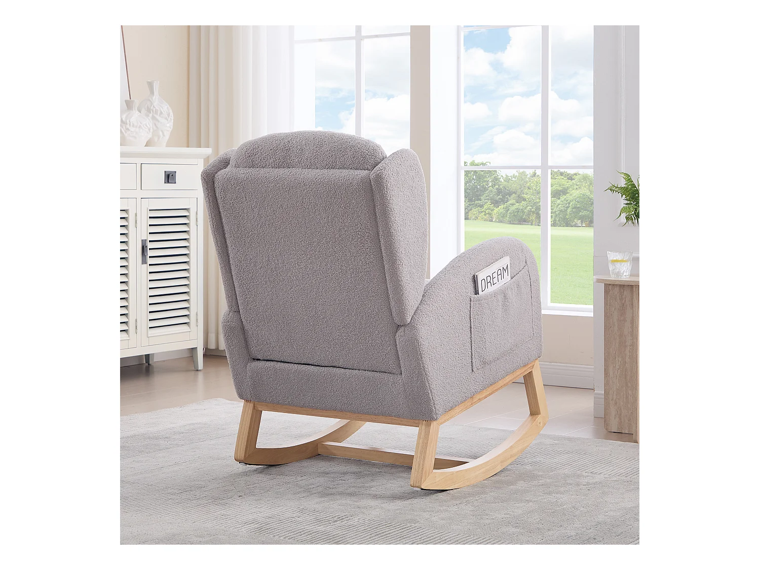 Grijze schommelstoel met zijvakken, verstelbare voetensteun, houten frame 122,5x70x104cm