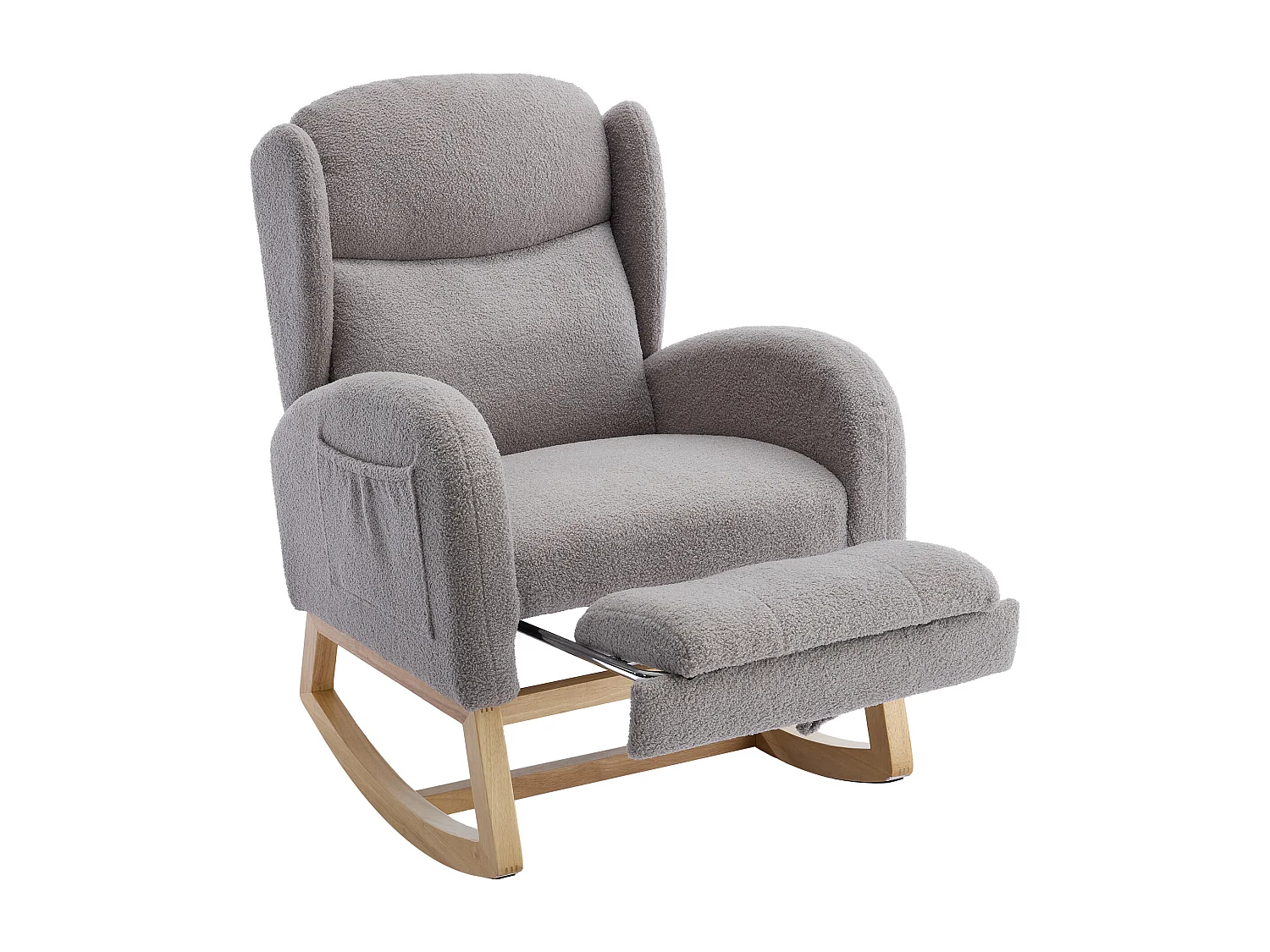 Rocking chair gris avec poches latérales, repose-pieds réglable, structure en bois 122,5x70x104cm