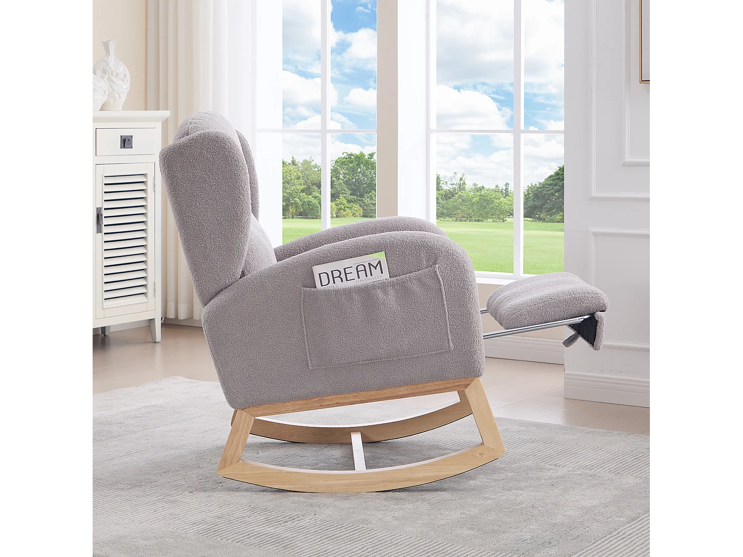 Rocking chair gris avec poches latérales, repose-pieds réglable, structure en bois 122,5x70x104cm