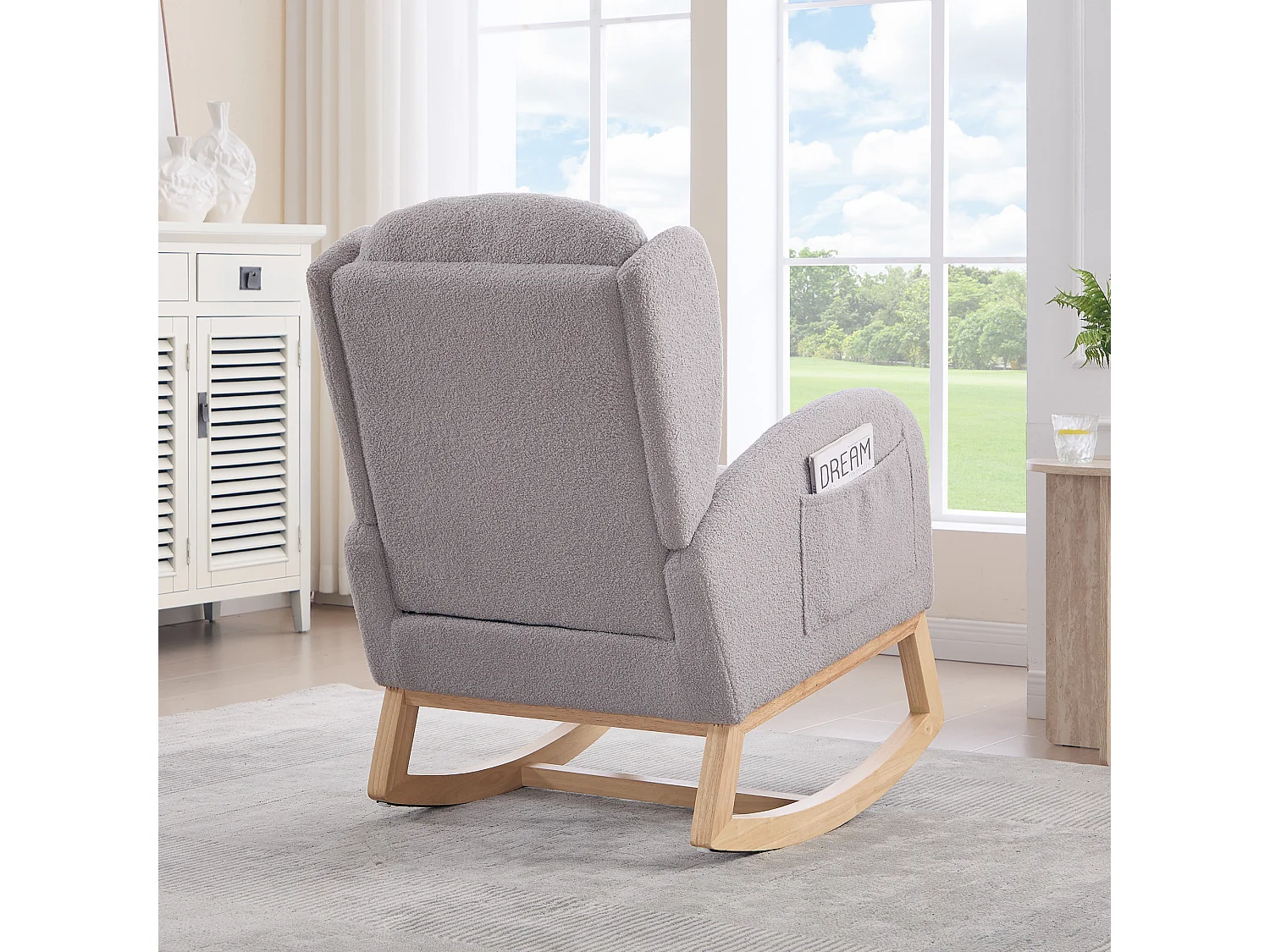 Rocking chair gris avec poches latérales, repose-pieds réglable, structure en bois 122,5x70x104cm