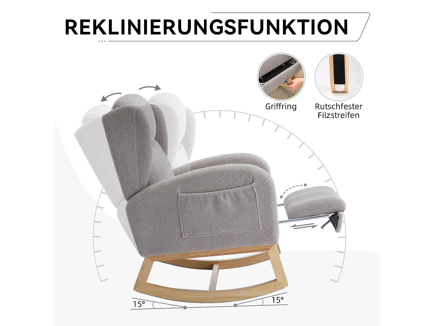 Rocking chair gris avec poches latérales, repose-pieds réglable, structure en bois 122,5x70x104cm