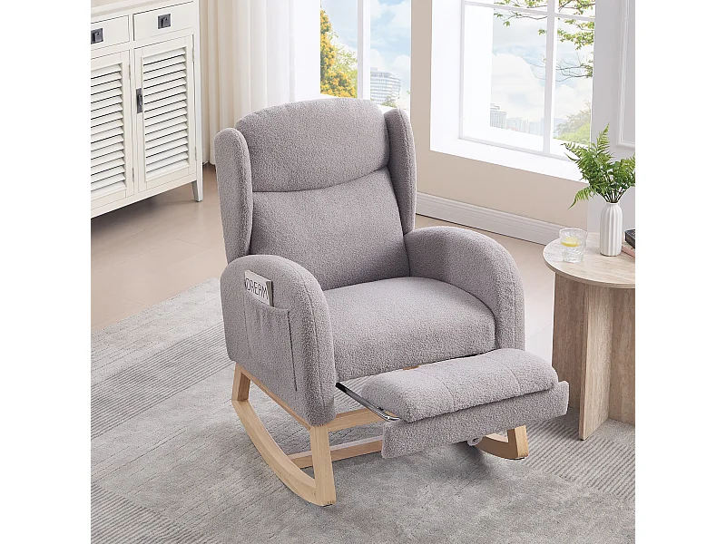 Rocking chair gris avec poches latérales, repose-pieds réglable, structure en bois 122,5x70x104cm