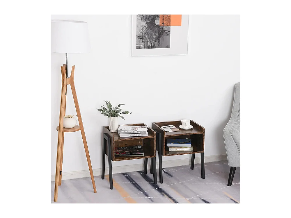 Lot de 2 Tables de Chevet empilables Tables de Nuit en bois table d'Appoint, 46 x 35 x 52,5 cm Marron Rustique et Noir
