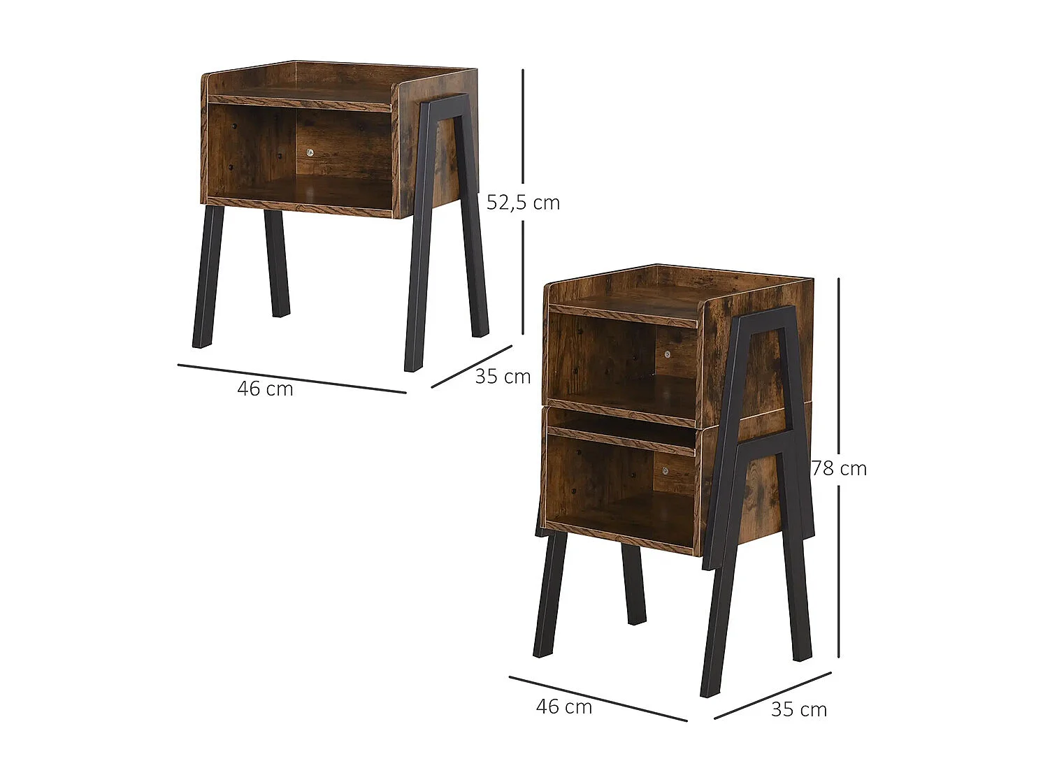 Lot de 2 Tables de Chevet empilables Tables de Nuit en bois table d'Appoint, 46 x 35 x 52,5 cm Marron Rustique et Noir