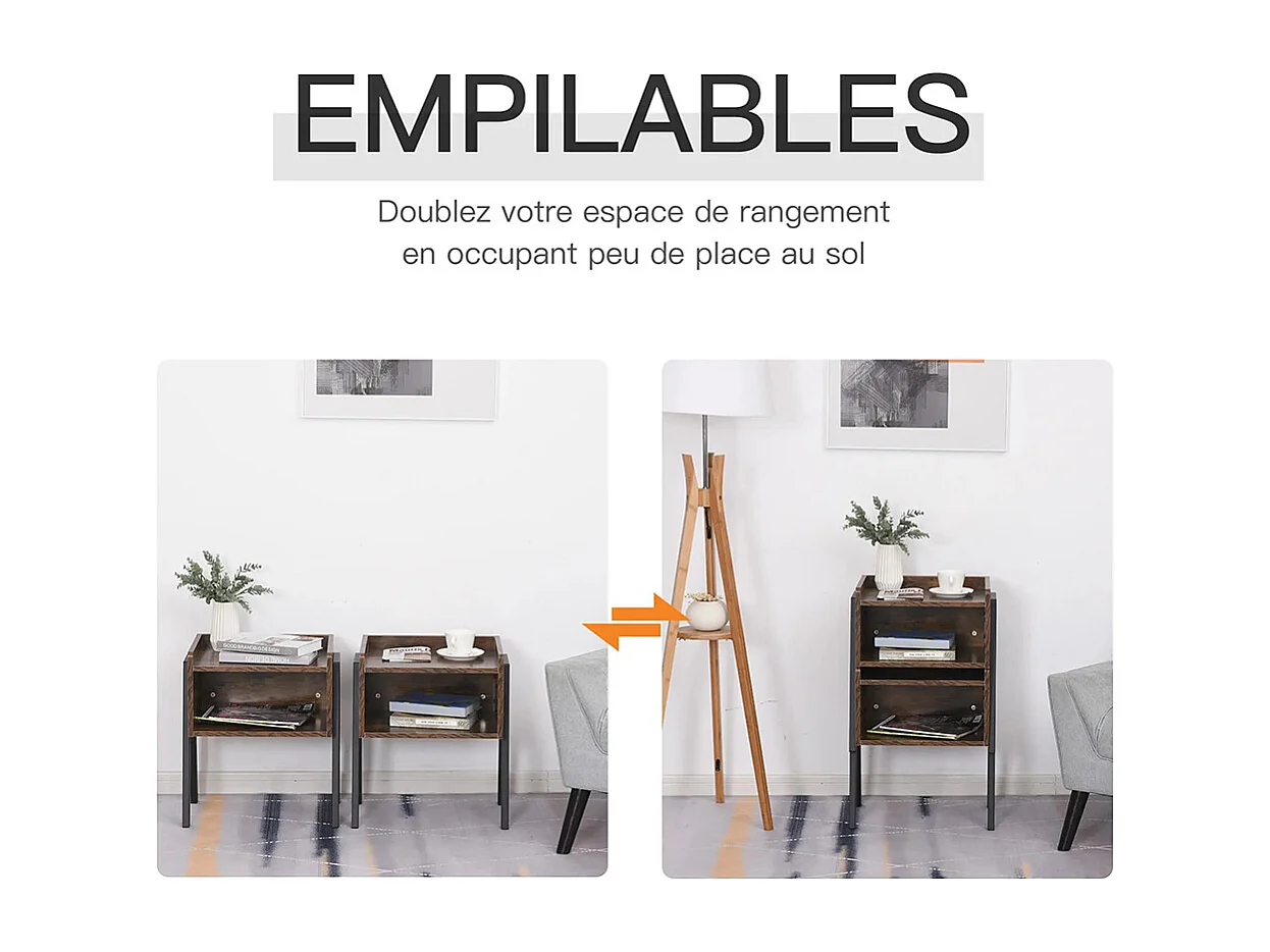 Lot de 2 Tables de Chevet empilables Tables de Nuit en bois table d'Appoint, 46 x 35 x 52,5 cm Marron Rustique et Noir
