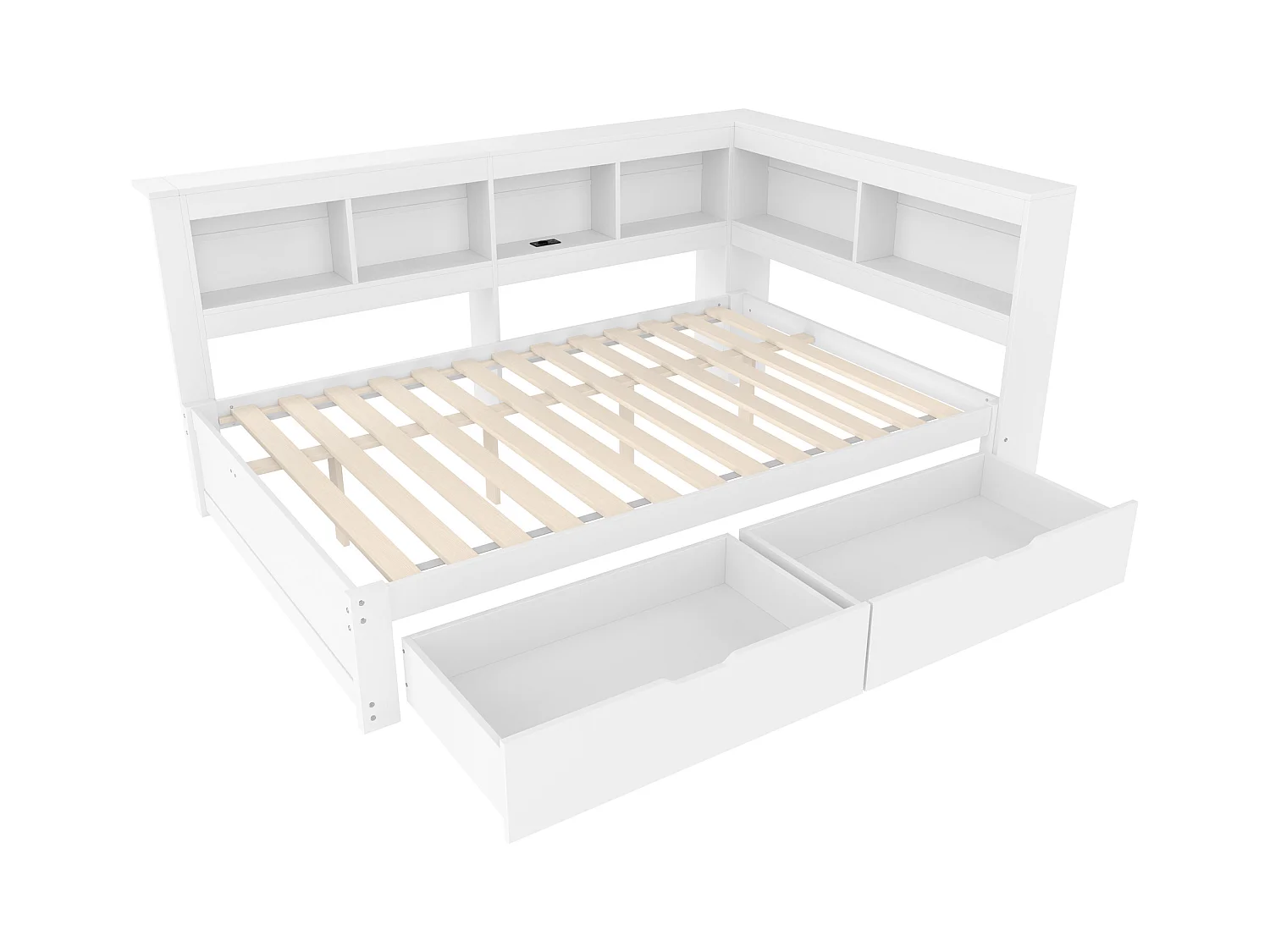 Witte slaapbank 140x200 cm met 2 lades, stopcontact en 2 USB-poorten, lattenbodem (zonder matras)