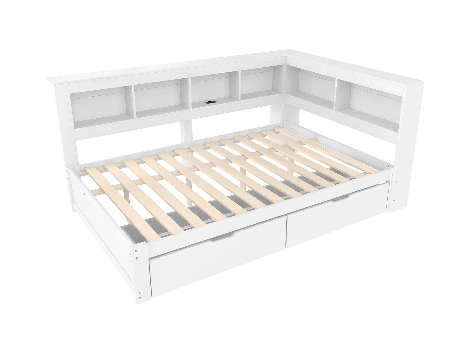 Witte slaapbank 140x200 cm met 2 lades, stopcontact en 2 USB-poorten, lattenbodem (zonder matras)