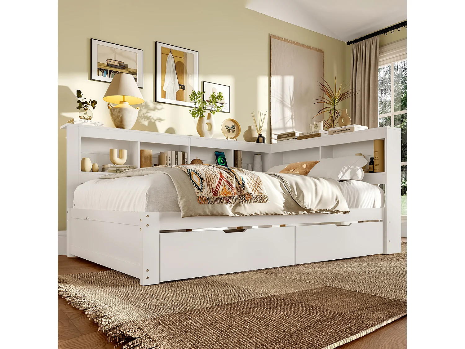 Lit banquette blanc 140x200 cm avec 2 tiroirs, prise de courant et 2 ports USB, sommier à lattes (sans matelas)