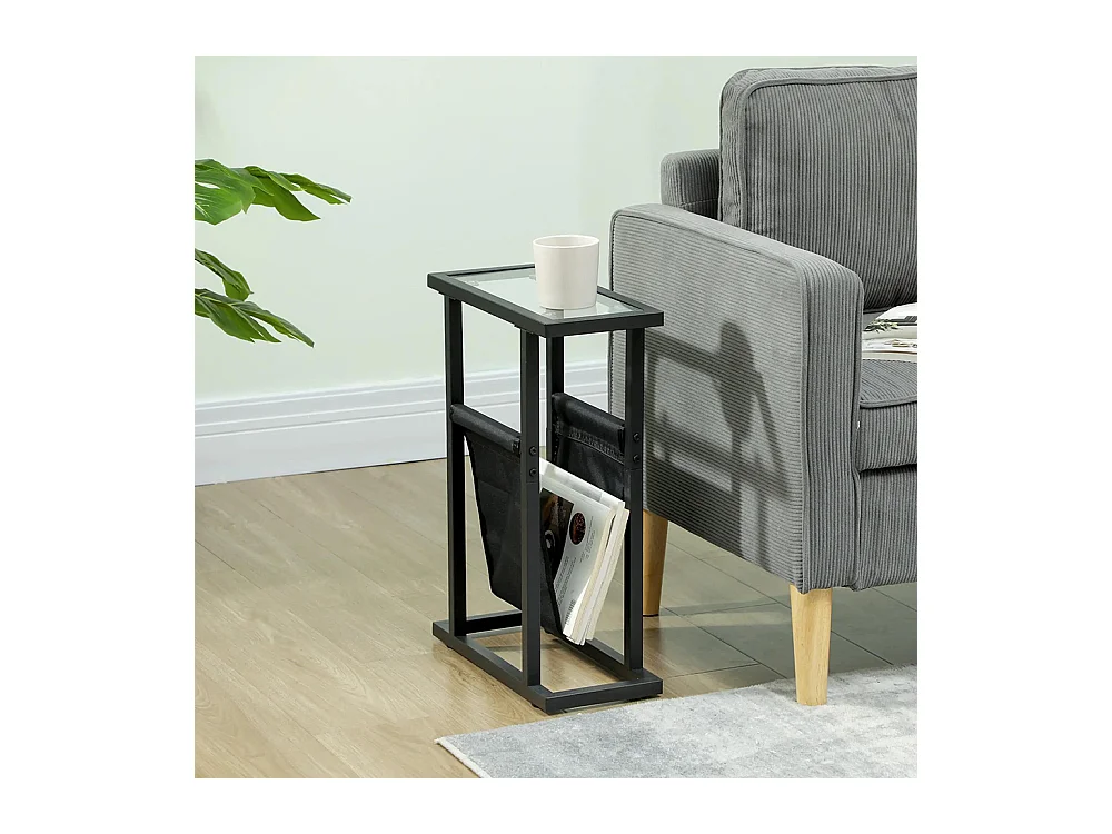 Table d'appoint étroite, bout de canapé en métal avec porte-revues et plateau en verre trempé, 40 x 18 x 55,5 cm, noir
