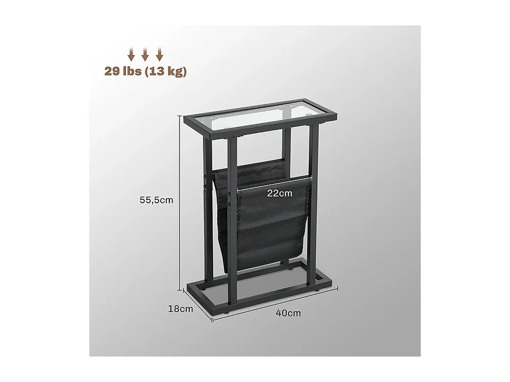 Table d'appoint étroite, bout de canapé en métal avec porte-revues et plateau en verre trempé, 40 x 18 x 55,5 cm, noir