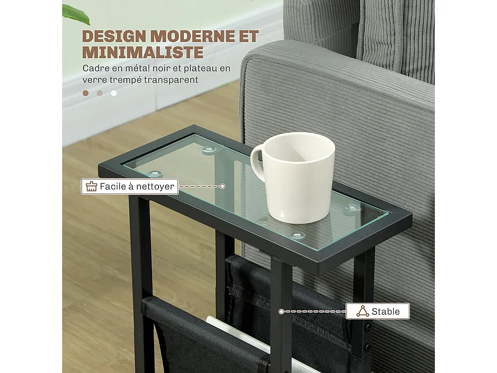 Table d'appoint étroite, bout de canapé en métal avec porte-revues et plateau en verre trempé, 40 x 18 x 55,5 cm, noir