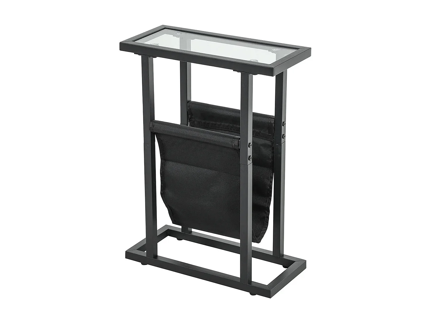 Table d'appoint étroite, bout de canapé en métal avec porte-revues et plateau en verre trempé, 40 x 18 x 55,5 cm, noir