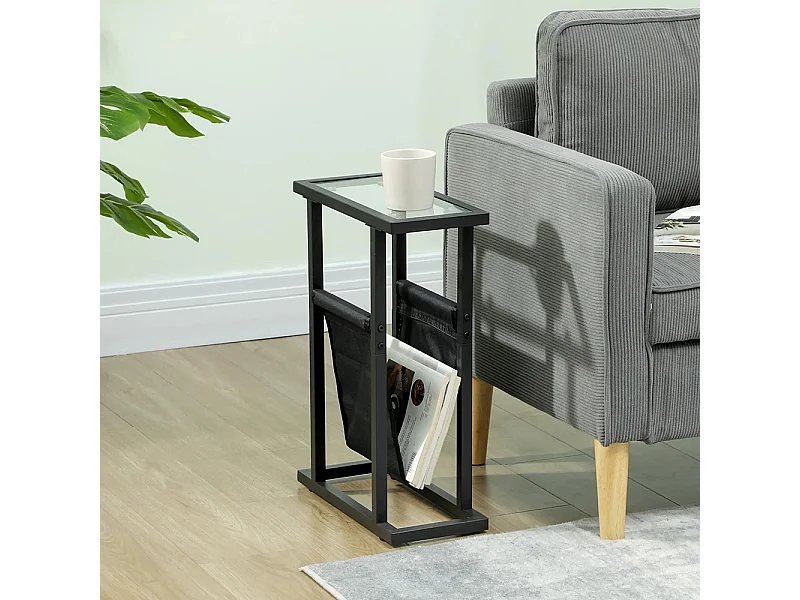 Table d'appoint étroite, bout de canapé en métal avec porte-revues et plateau en verre trempé, 40 x 18 x 55,5 cm, noir