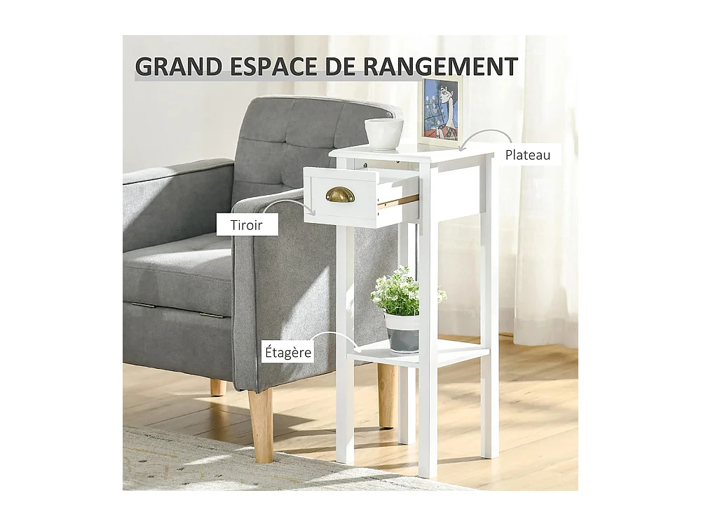 Lot de 2 Tables d'appoint Bout de canapé guéridon - tiroir, étagère - dim. 30L x 30l x 75H cm - poignées coquilles Laiton Vieilli MDF Blanc