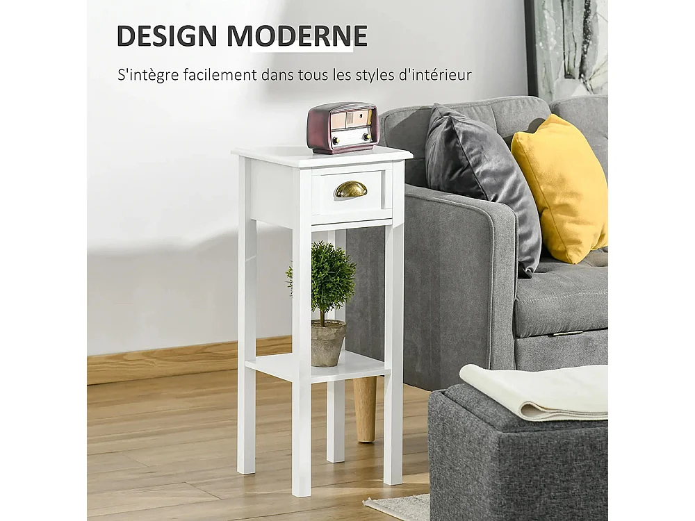 Lot de 2 Tables d'appoint Bout de canapé guéridon - tiroir, étagère - dim. 30L x 30l x 75H cm - poignées coquilles Laiton Vieilli MDF Blanc
