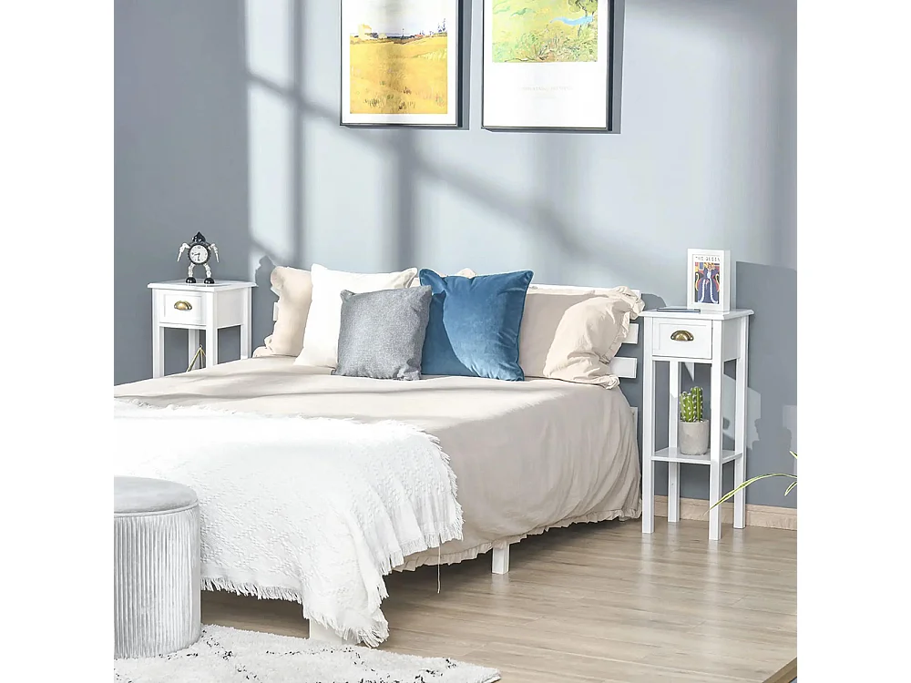 Lot de 2 Tables d'appoint Bout de canapé guéridon - tiroir, étagère - dim. 30L x 30l x 75H cm - poignées coquilles Laiton Vieilli MDF Blanc