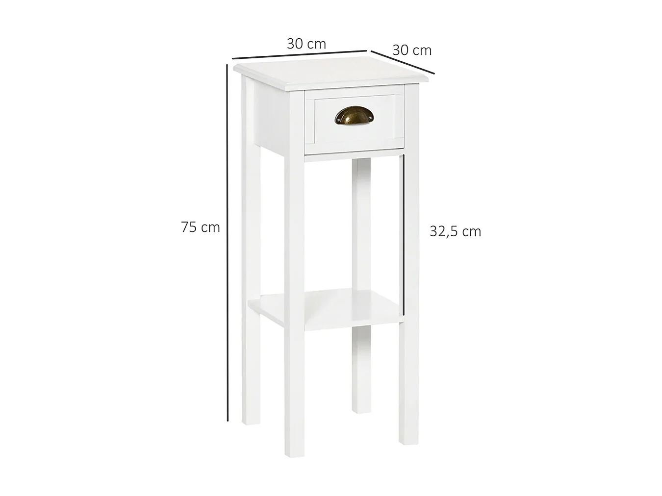 Lot de 2 Tables d'appoint Bout de canapé guéridon - tiroir, étagère - dim. 30L x 30l x 75H cm - poignées coquilles Laiton Vieilli MDF Blanc