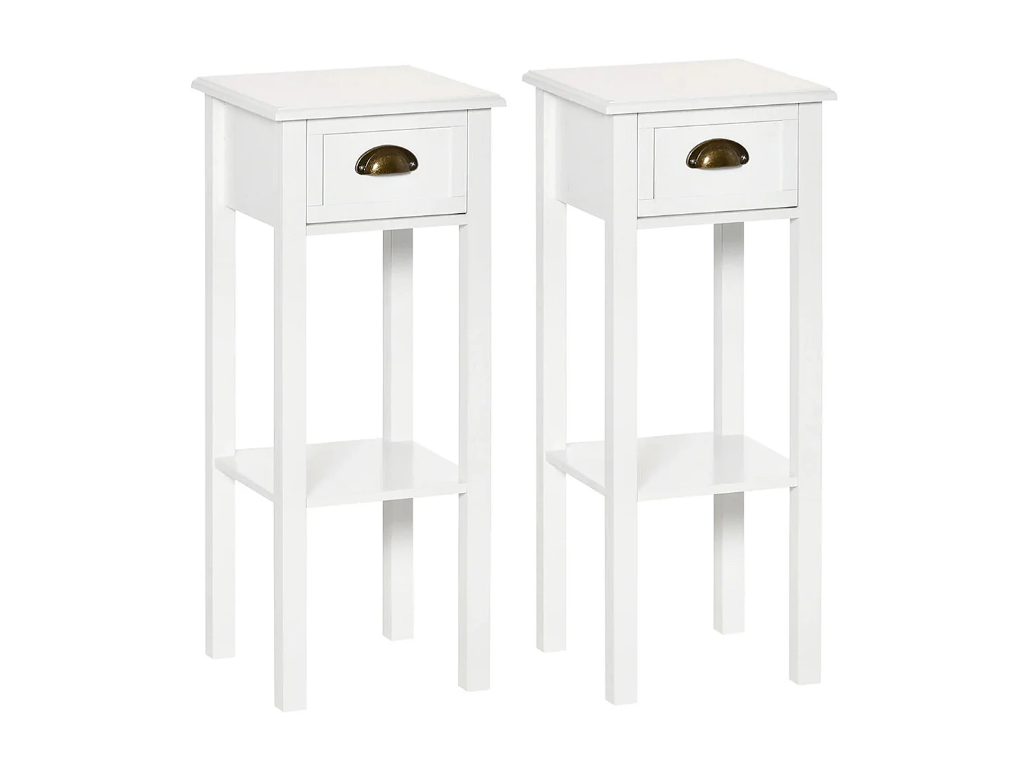 Lot de 2 Tables d'appoint Bout de canapé guéridon - tiroir, étagère - dim. 30L x 30l x 75H cm - poignées coquilles Laiton Vieilli MDF Blanc