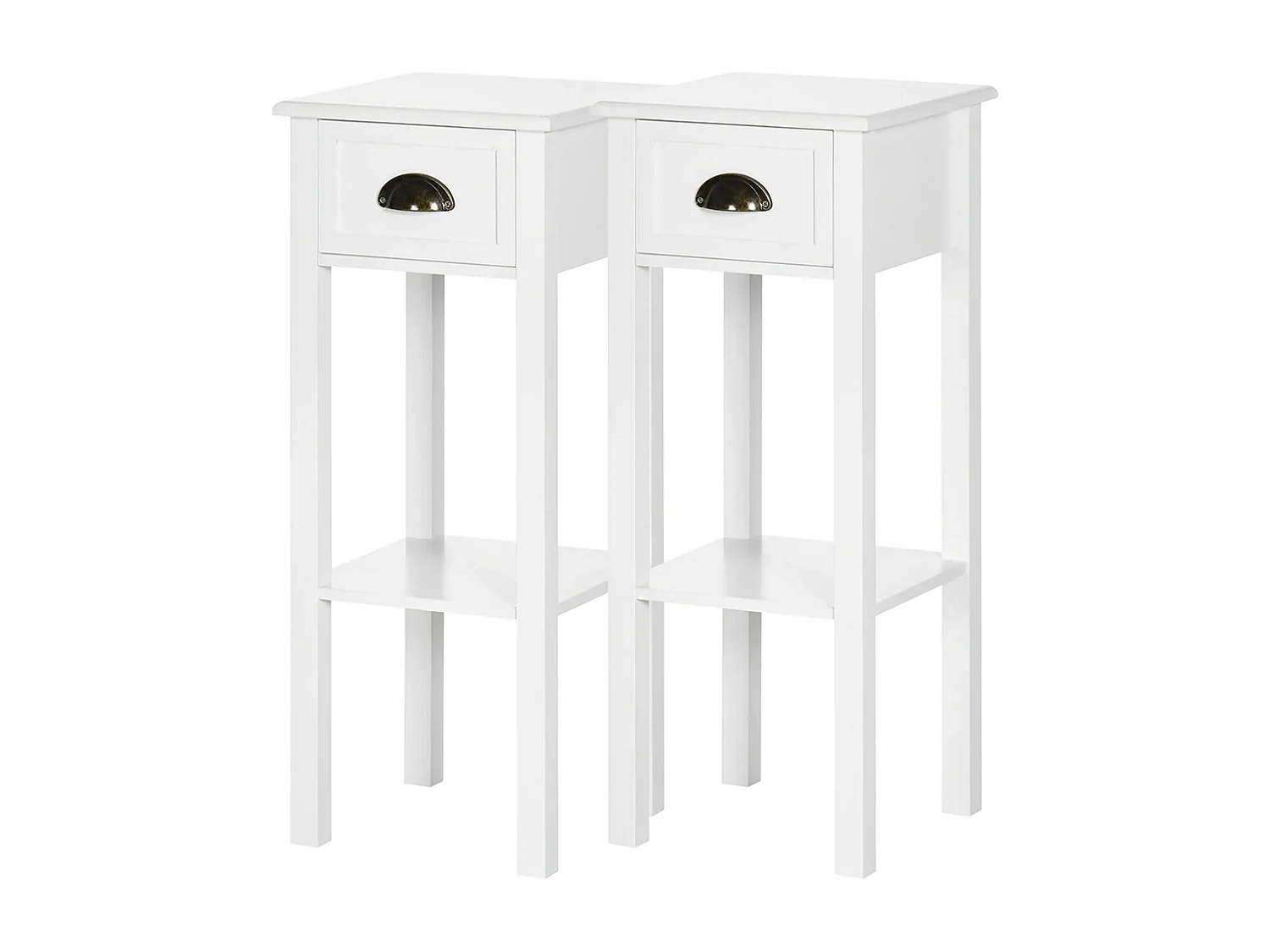 Lot de 2 Tables d'appoint Bout de canapé guéridon - tiroir, étagère - dim. 30L x 30l x 75H cm - poignées coquilles Laiton Vieilli MDF Blanc