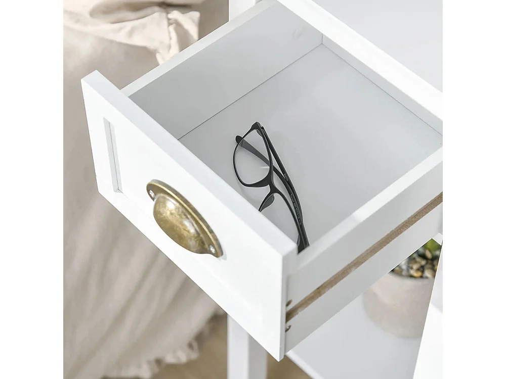 Lot de 2 Tables d'appoint Bout de canapé guéridon - tiroir, étagère - dim. 30L x 30l x 75H cm - poignées coquilles Laiton Vieilli MDF Blanc