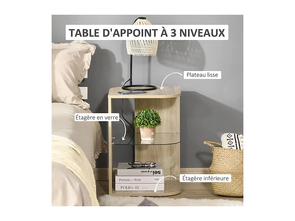 Table d'Appoint Guéridon Design Contemporain Bout de Canapé étagère Verre trempé Bois naturel
