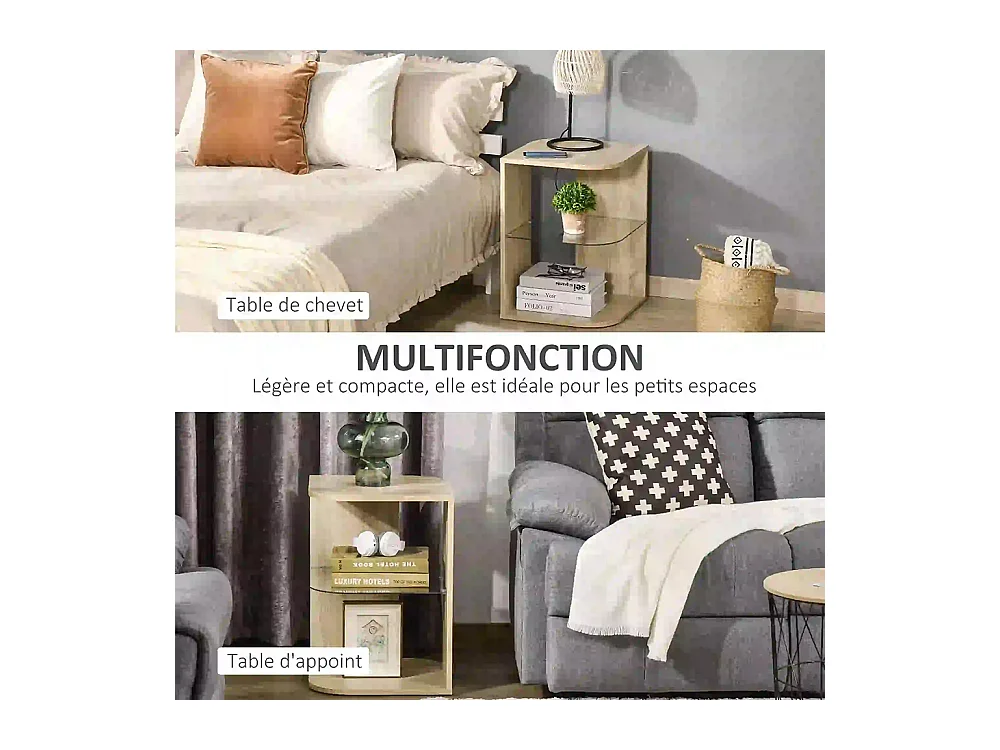 Table d'Appoint Guéridon Design Contemporain Bout de Canapé étagère Verre trempé Bois naturel