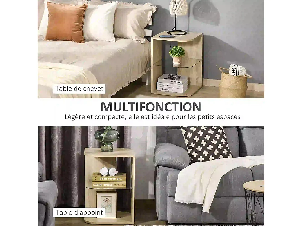 Table d'Appoint Guéridon Design Contemporain Bout de Canapé étagère Verre trempé Bois naturel
