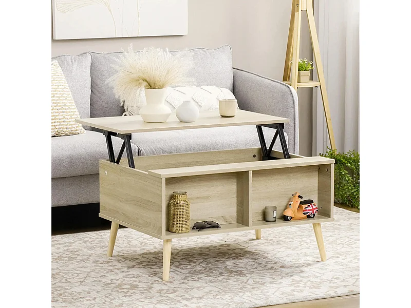 Table basse rectangulaire table de salon plateau relevable 2 niches coffre en bois dim. 85L x 60l x 59,5H cm bois clair