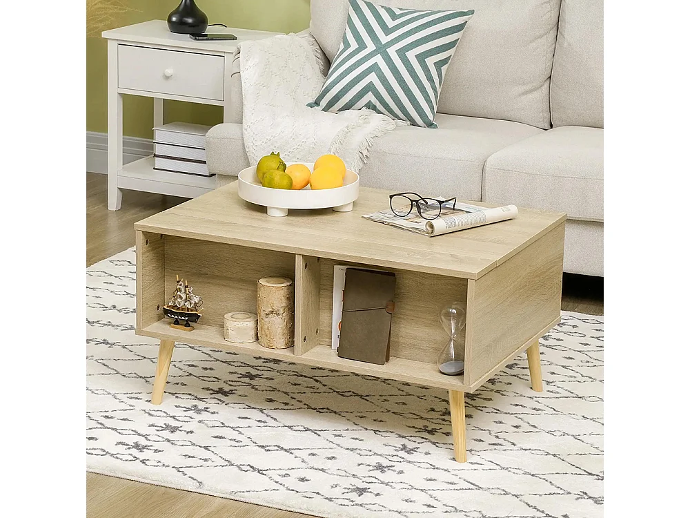 Table basse rectangulaire table de salon plateau relevable 2 niches coffre en bois dim. 85L x 60l x 59,5H cm bois clair