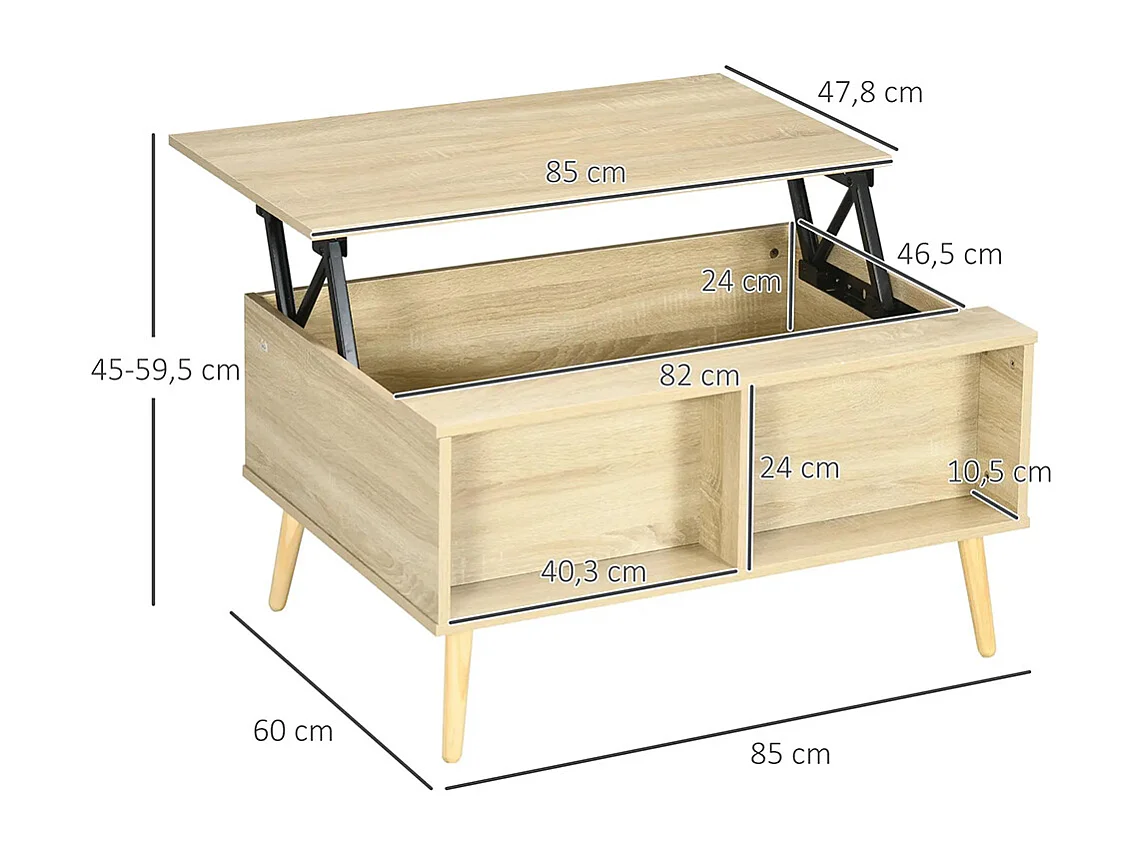 Table basse rectangulaire table de salon plateau relevable 2 niches coffre en bois dim. 85L x 60l x 59,5H cm bois clair