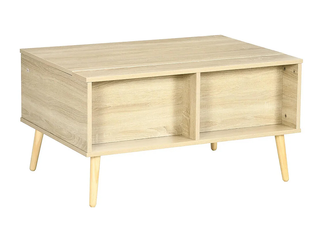 Table basse rectangulaire table de salon plateau relevable 2 niches coffre en bois dim. 85L x 60l x 59,5H cm bois clair