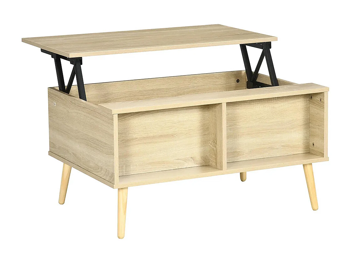 Table basse rectangulaire table de salon plateau relevable 2 niches coffre en bois dim. 85L x 60l x 59,5H cm bois clair