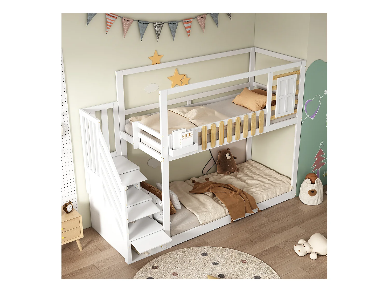 Lit superposé enfant blanc et bois 90x200cm avec escalier de rangement, barrières de sécurité et fenêtre (sans matelas)