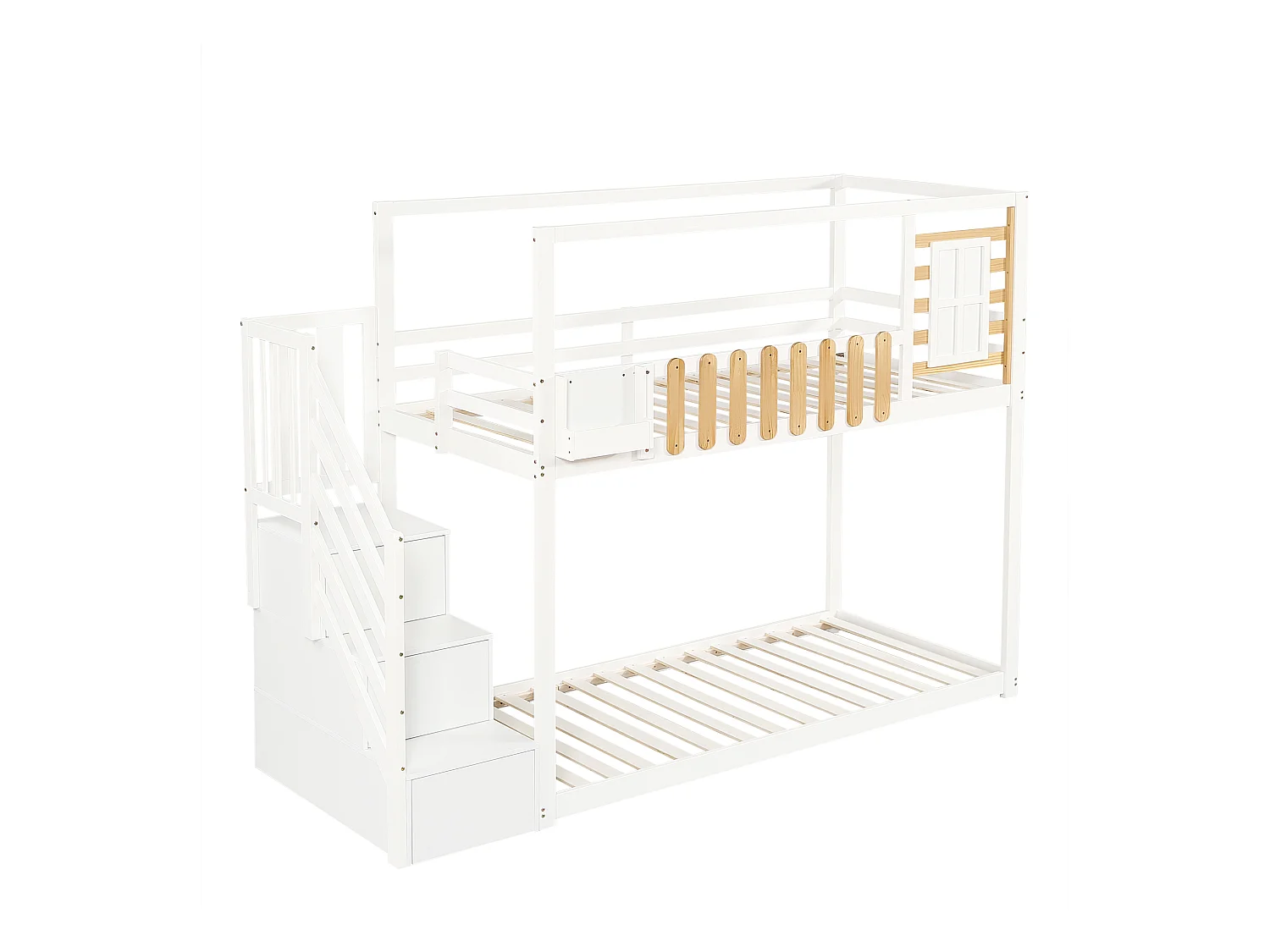 Lit superposé enfant blanc et bois 90x200cm avec escalier de rangement, barrières de sécurité et fenêtre (sans matelas)