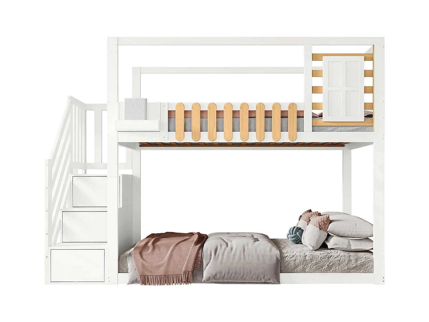 Lit superposé enfant blanc et bois 90x200cm avec escalier de rangement, barrières de sécurité et fenêtre (sans matelas)