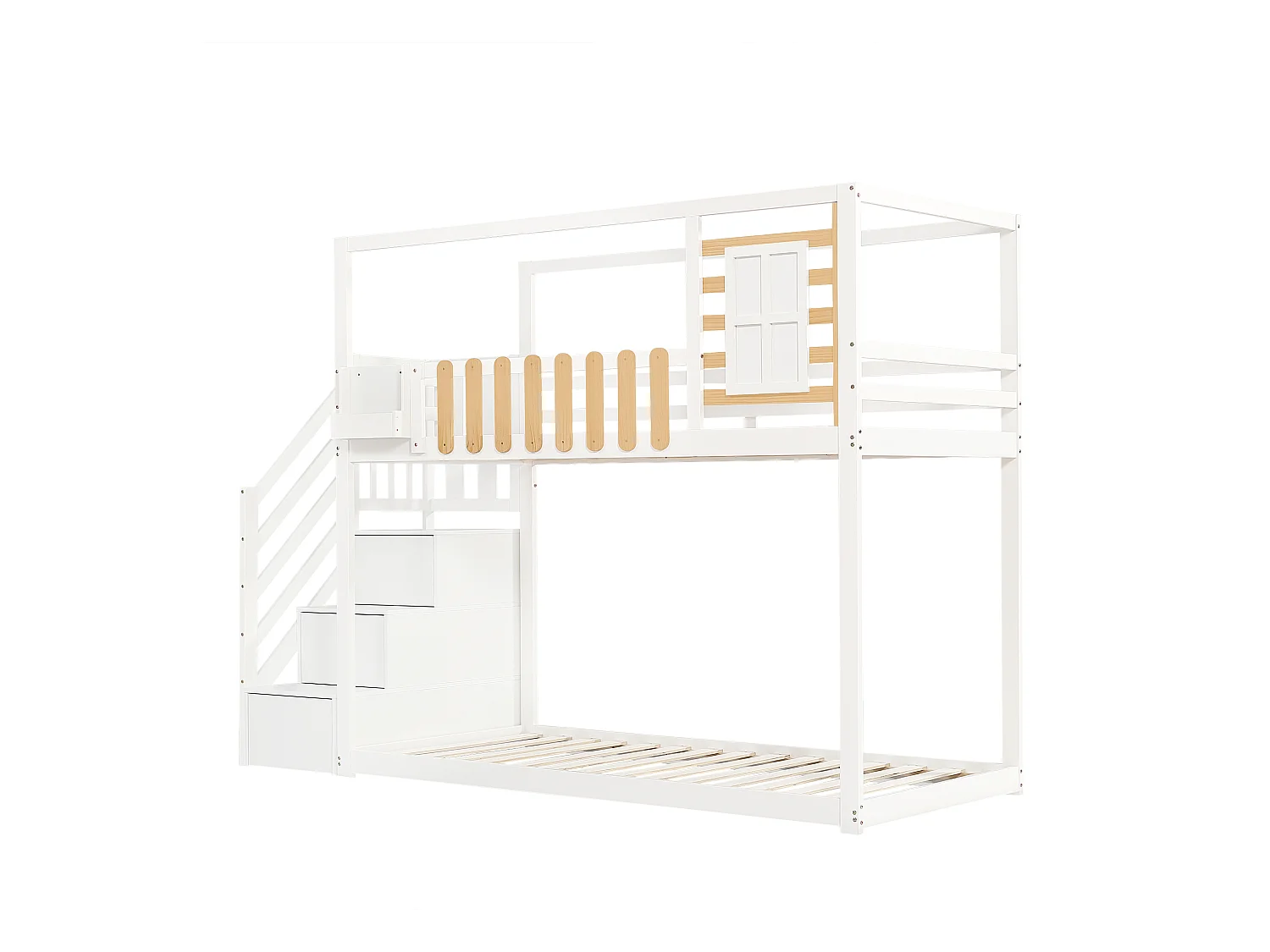 Lit superposé enfant blanc et bois 90x200cm avec escalier de rangement, barrières de sécurité et fenêtre (sans matelas)