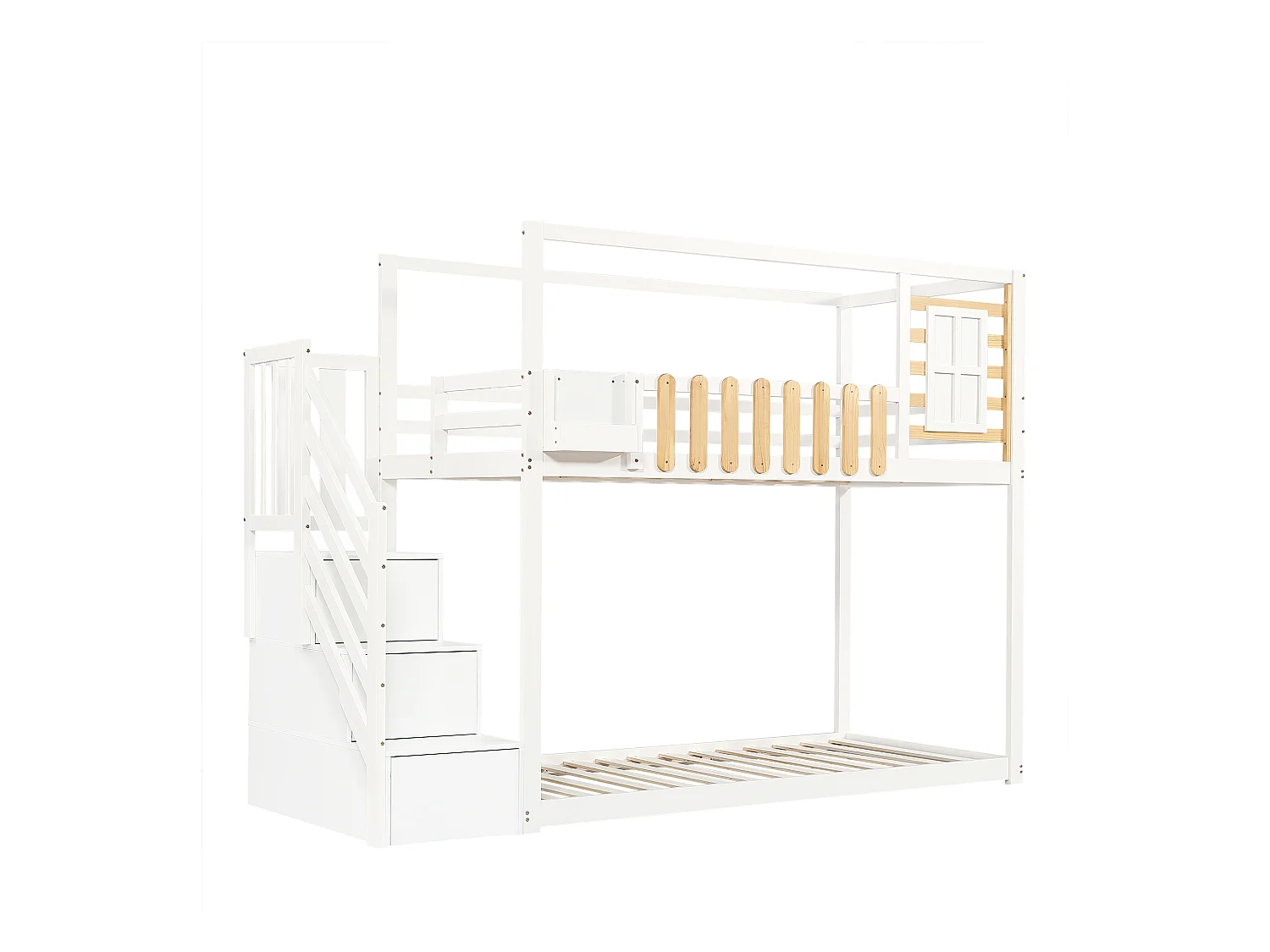 Lit superposé enfant blanc et bois 90x200cm avec escalier de rangement, barrières de sécurité et fenêtre (sans matelas)