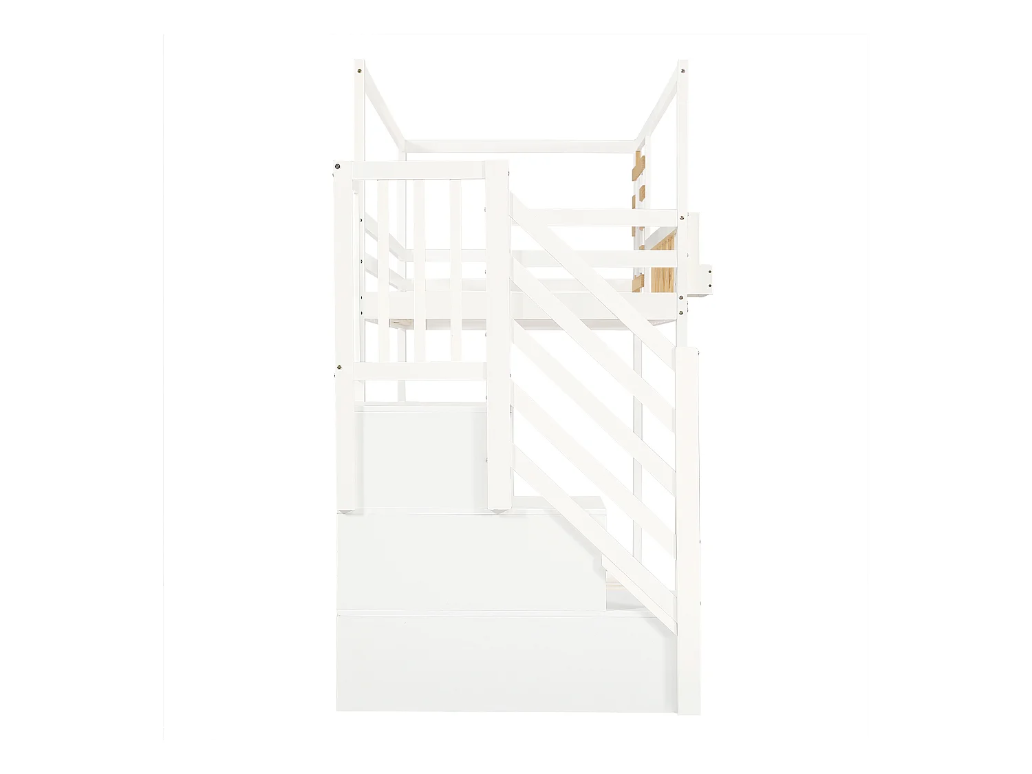 Lit superposé enfant blanc et bois 90x200cm avec escalier de rangement, barrières de sécurité et fenêtre (sans matelas)