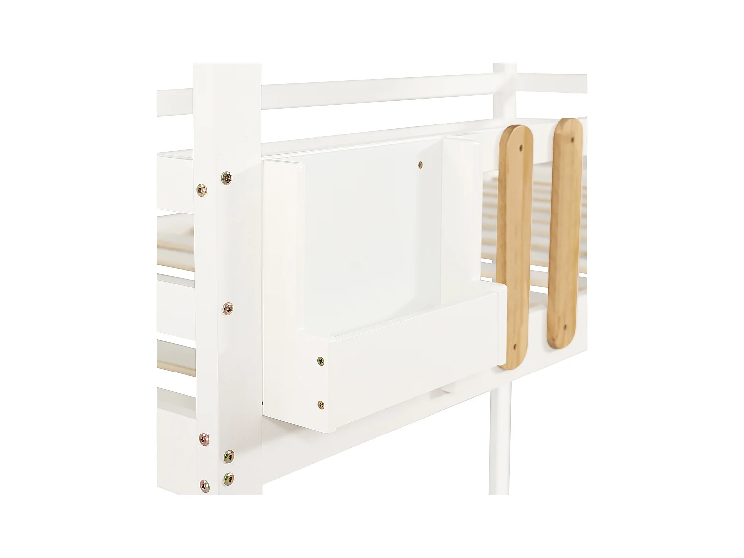 Lit superposé enfant blanc et bois 90x200cm avec escalier de rangement, barrières de sécurité et fenêtre (sans matelas)