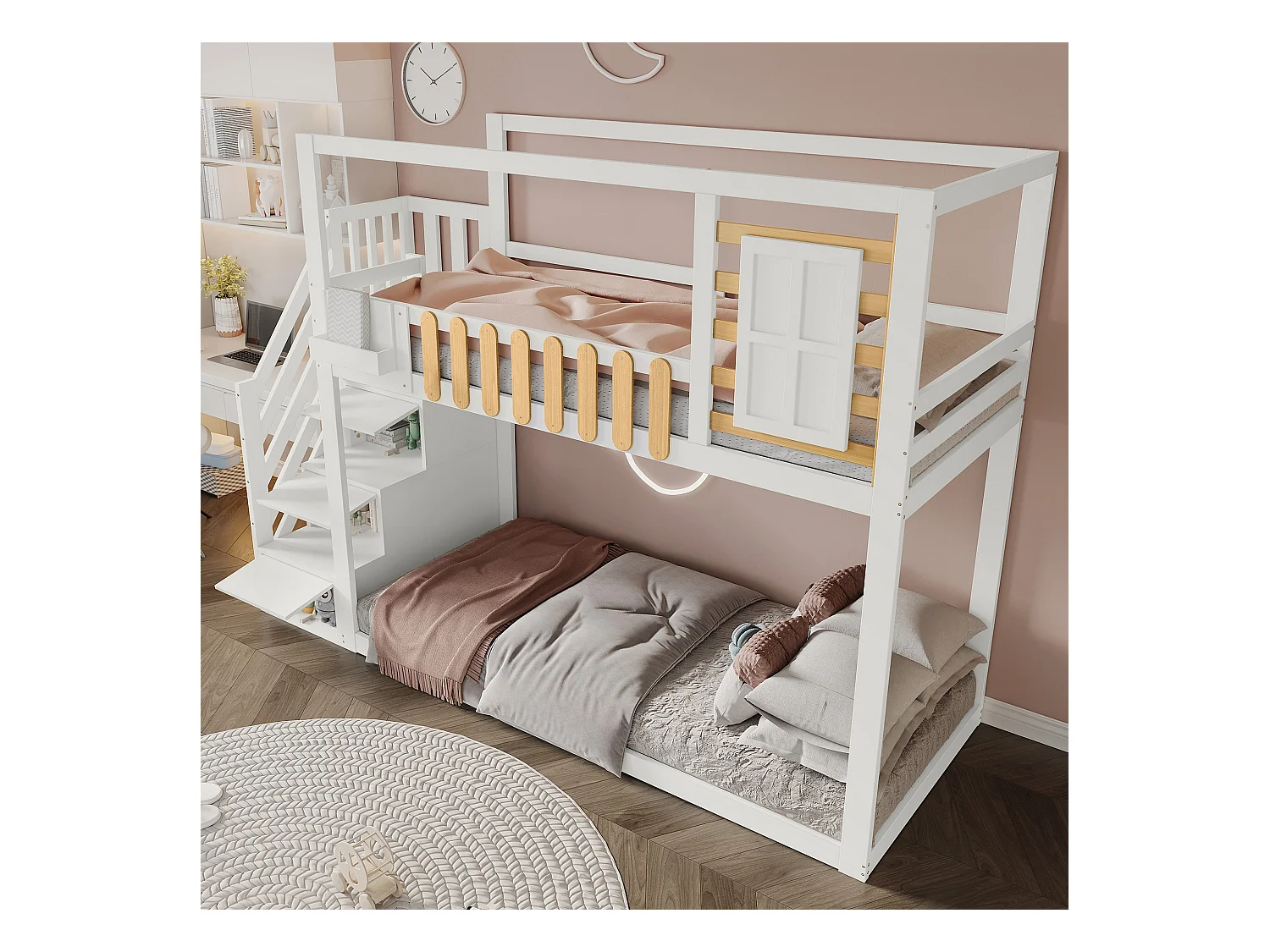 Lit superposé enfant blanc et bois 90x200cm avec escalier de rangement, barrières de sécurité et fenêtre (sans matelas)