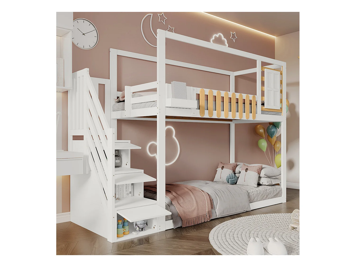Lit superposé enfant blanc et bois 90x200cm avec escalier de rangement, barrières de sécurité et fenêtre (sans matelas)