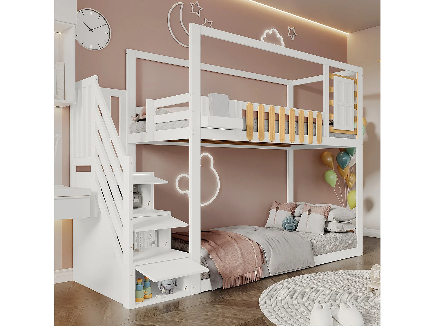 Lit superposé enfant blanc et bois 90x200cm avec escalier de rangement, barrières de sécurité et fenêtre (sans matelas)