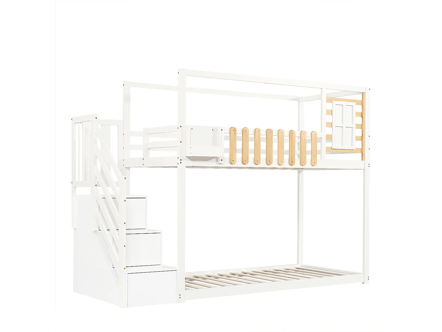 Lit superposé enfant blanc et bois 90x200cm avec escalier de rangement, barrières de sécurité et fenêtre (sans matelas)